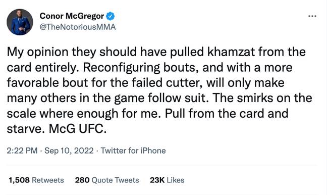 McGregor's tweet, always take a screenshot before he inevitably deletes. Image: Twitter