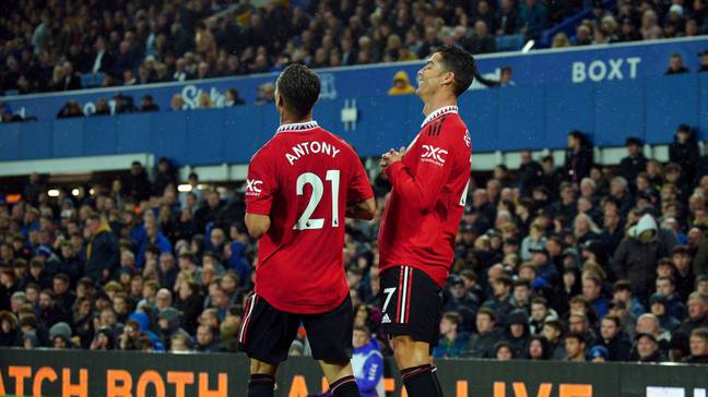 Cristiano Ronaldo and Antony celebrate after Ronaldo's goal against Everton. (Alamy)