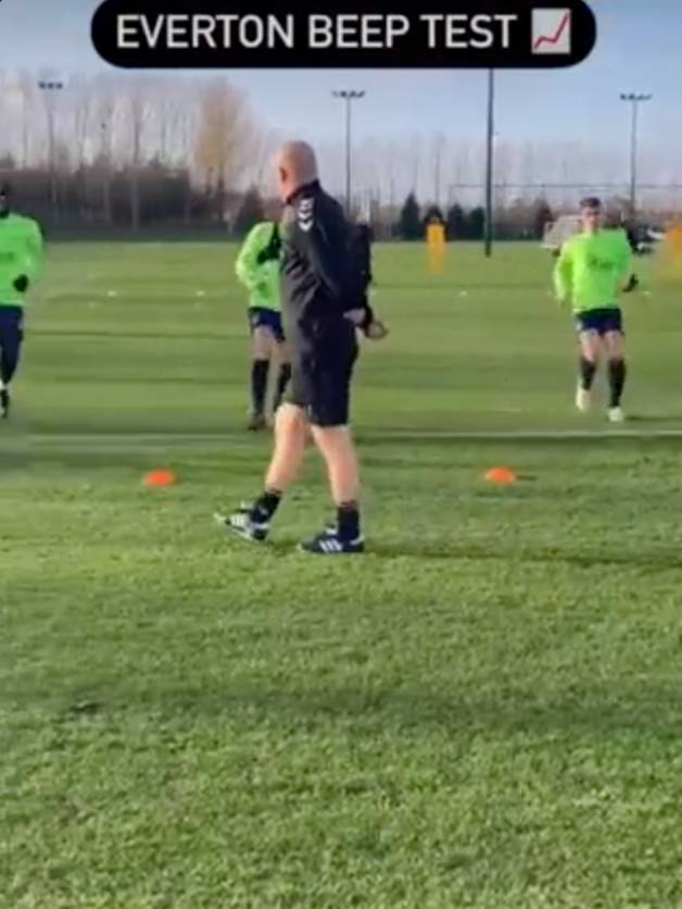 Burnley legend Sean Dyche turned up in his shorts for Everton’s beep test session. Credit: Twitter