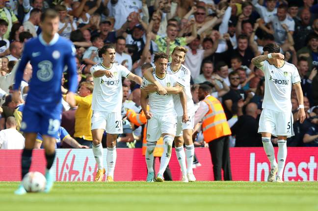 Leeds United's Rodrigo Moreno (centre) celebrates scoring their side's second goal of the game during the Premier League match at Elland Road. (Alamy)