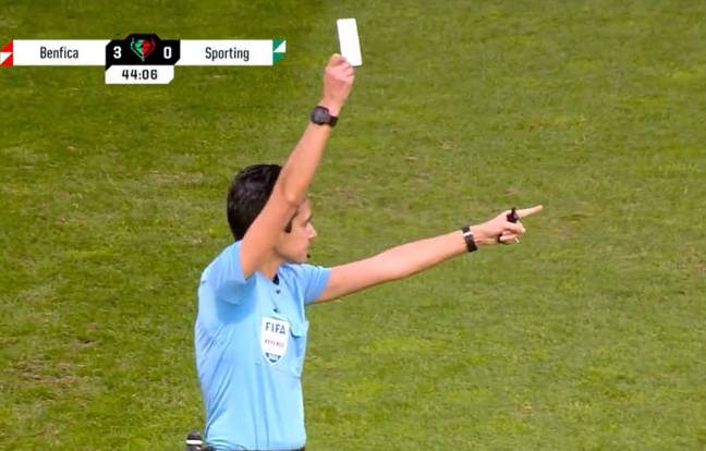 The referee brandished the card just before half-time. Credit: Twitter/@B24PT