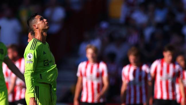 Ronaldo cut a frustrated figure in the loss to Brentford. Image: Alamy