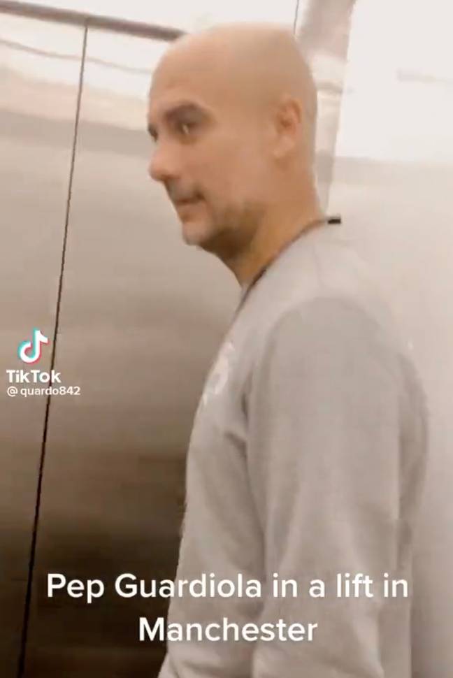 Guardiola was filmed by two fans in a lift in Manchester (Image: TikTok/Quardo842)