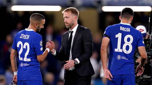 Chelsea manager Graham Potter shakes hands with Hakim Ziyech at the end of the UEFA Champions League Group E match at Stamford Bridge. (Alamy)