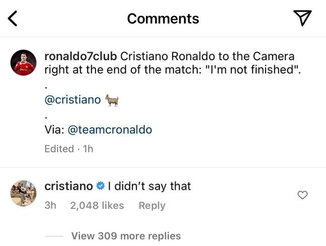 Ronaldo's reply on social media. Image: Instagram