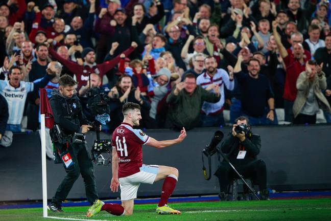 Declan Rice celebrates putting West Ham ahead on their way to a second Europa League win. Image: PA Images