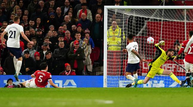 Maguire slots home his own goal against Spurs. Image: PA Images