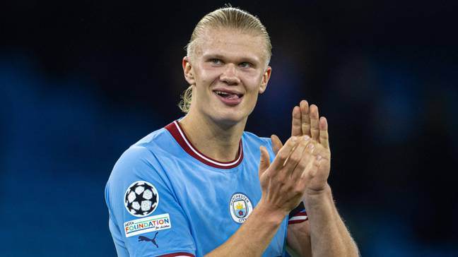 Erling Haaland in Champions League action for Manchester City 