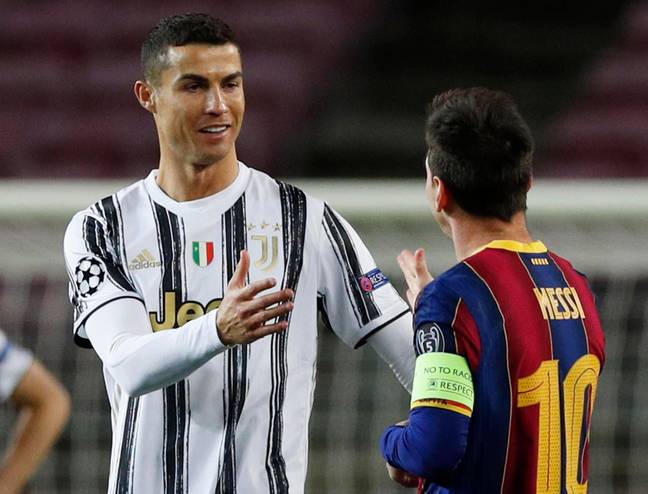 Cristinao Ronaldo and Lionel Messi embrace before a Champions League meeting. Image: Alamy