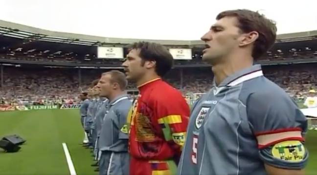 England captain Tony Adams and his teammates belted out the anthem with pride. (Image Credit: ITV Football)