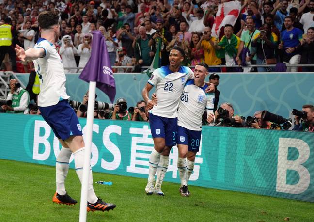 Bellingham celebrates with Foden after England's second goal against Wales. Credit: Alamy