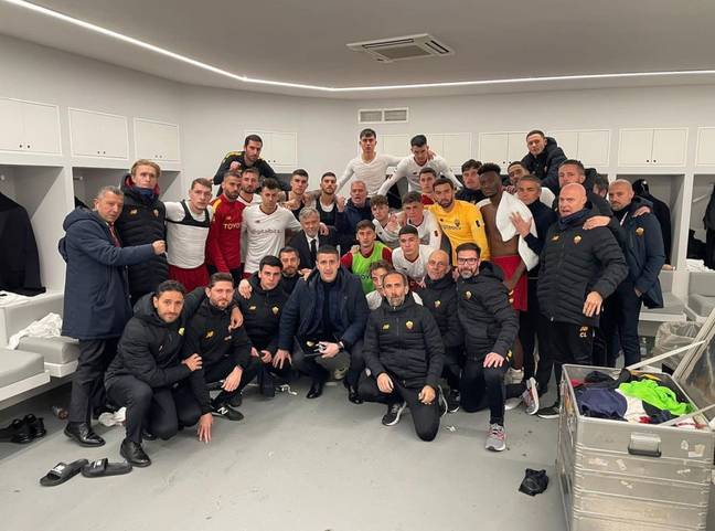 Jose Mourinho appeared to be shouting as he posed for a post-match Roma dressing room picture. Image credit: Instagram/josemourinho