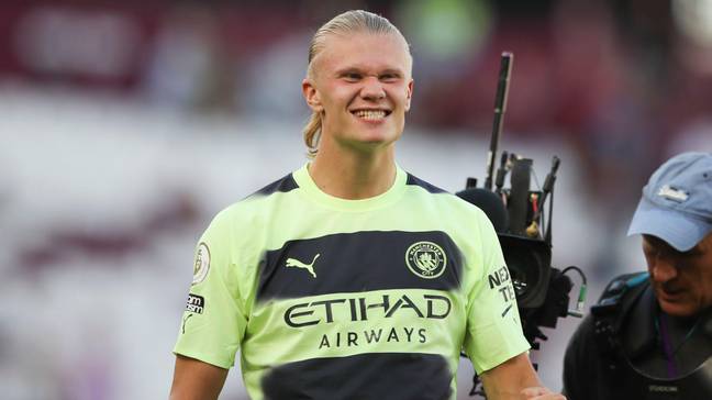 Erling Haaland celebrates his second Manchester City goal.