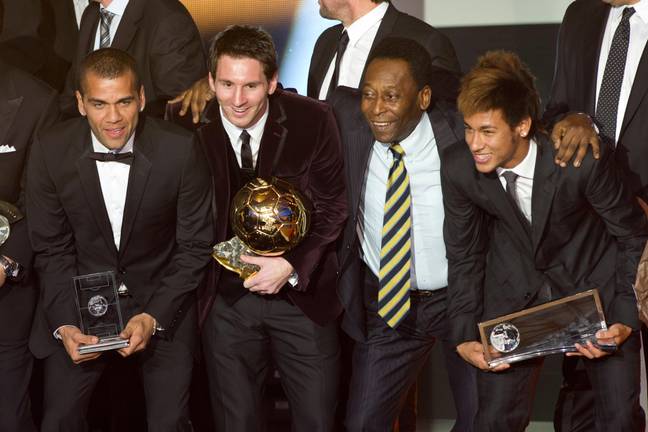Neymar with Pele, as well as Lionel Messi and Dani Alves (right to left). Image: Alamy