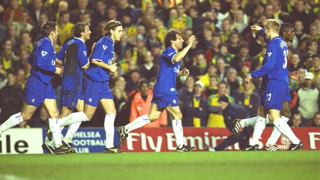 Zola and his teammates celebrate his goal. Image: PA Images