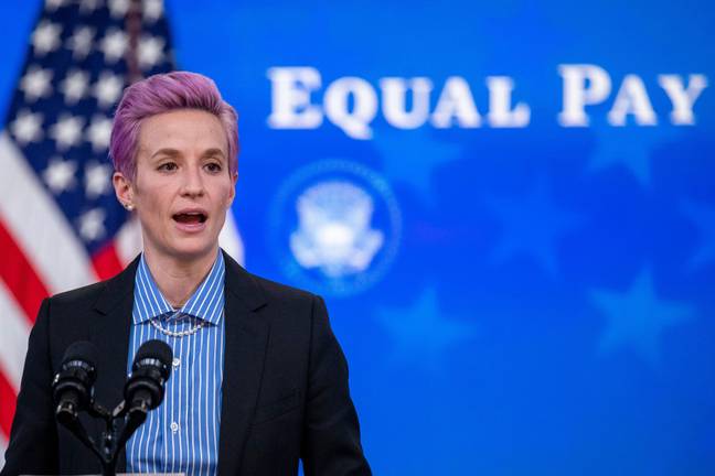 Rapinoe delivering a speech on Equal Pay Day in 2021. Image: PA Images