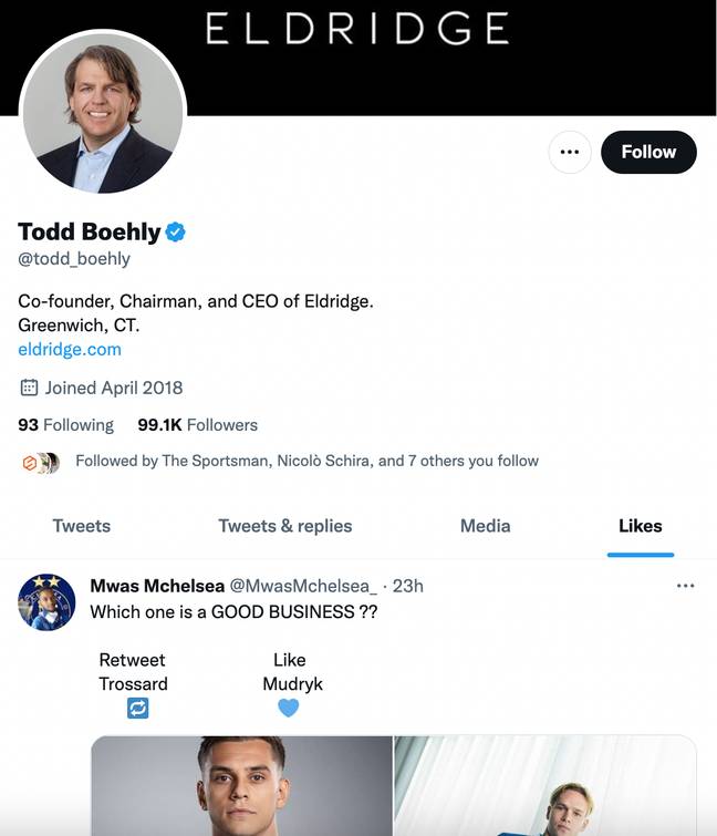 Chelsea Owner Todd Boehly Likes Tweet To Show His Opinion On Trossard And Mudryk Transfers. Image: Twitter