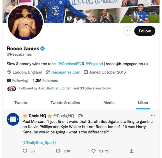Reece James' Twitter account 'liked' the following quote. Image credit: Twitter/@ReeceJames