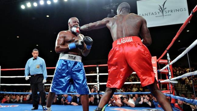 Deontay Wilder connecting with a clean shot on Harold Sconiers. Credit: Fantasy Springs’ Flickr.