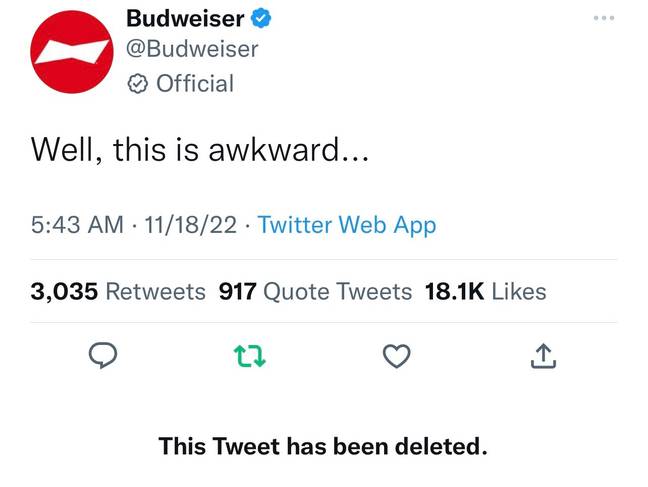 Budweiser's now-deleted tweet. (Image Credit: Budweiser)