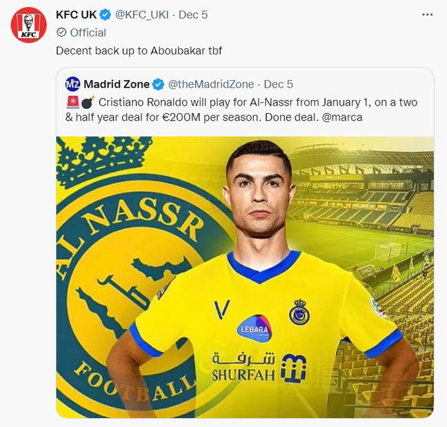 KFC mock Cristiano Ronaldo's reported move to Al-Nassr. Image: Twitter 