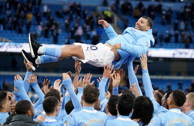 City players threw Aguero up in the air on the final day of the Premier League season. Image: PA Images