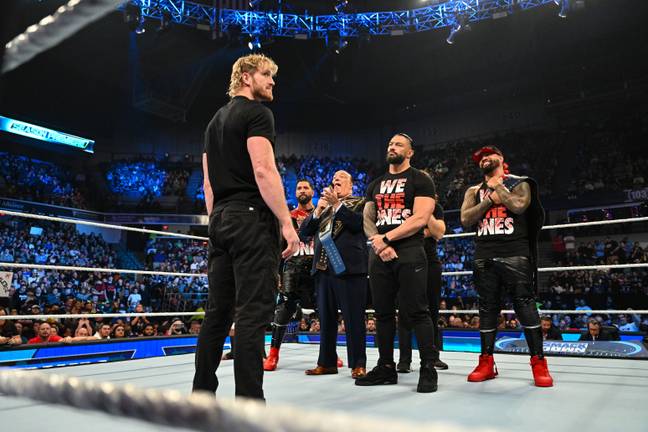Paul facing off with The Bloodline on an episode of SmackDown. (Image Credit: WWE)
