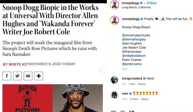 Snoop will produce the film. Credit: Instagram/Snoop Dogg