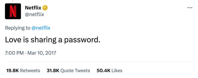 Netflix once advertised itself based on password sharing. Credit: Twitter/@netflix