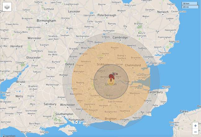 One particular website, NUKEMAP, shows what could be the Tsar Bomba’s fallout from England’s capital reaching as far as Cambridge, Canterbury, Brighton, Winchester and Oxford and causing around 5,920,060 if it were to be detonated, according to the site.