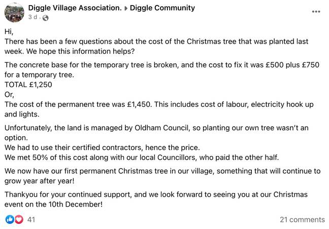 The Diggle Village Association justified their decision on Facebook. Credit: Facebook