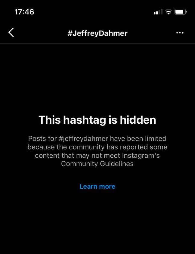 It's a no for anyone searching #jeffreydahmer on Instagram. Credit: Instagram