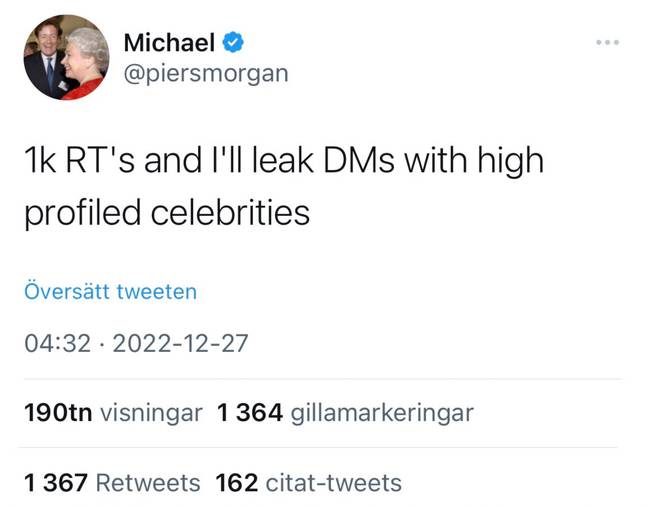 The hacker threatened to leak Piers Morgan's DMs with celebrities. Credit: Twitter / @piersmorgan
