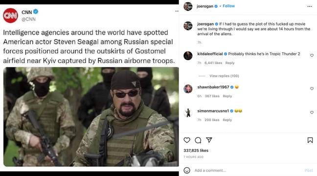 Joe Rogan has been criticised for sharing a fake news report about Steven Seagal joining the Russian Special Forces (Instagram @joerogan).