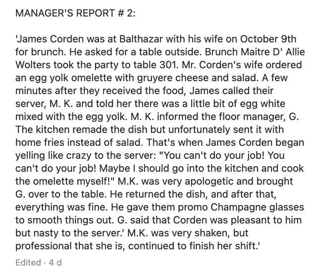 McNally had shared managers' reports outlining Corden's alleged behaviour. Credit: Instagram