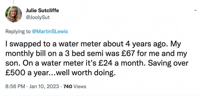 Martin Lewis fans have benefitted from switching to a water meter. Credit: @JoolySut/Twitter