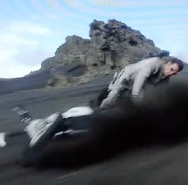 Unfortunately, he massively miscalculated the landing and when his tires hit the ground, he completely lost his balance and the bike crashed to the ground.  Credit: TikTok/@moviemaniacs