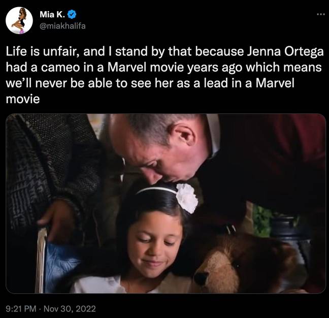 Mia Khalifa has questioned whether or not Ortega will be able to star in a Marvel movie after having previously featured in one. Credit: @miakhalifa/ Twitter