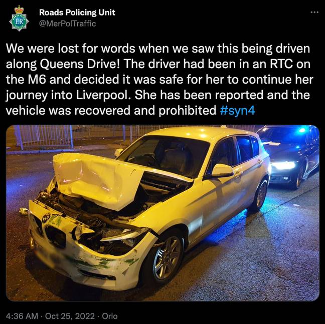 Merseyside Police's Roads Policing Unit took to Instagram to share an image of the damaged vehicle. Credit: @MerPolTraffic/ Twitter