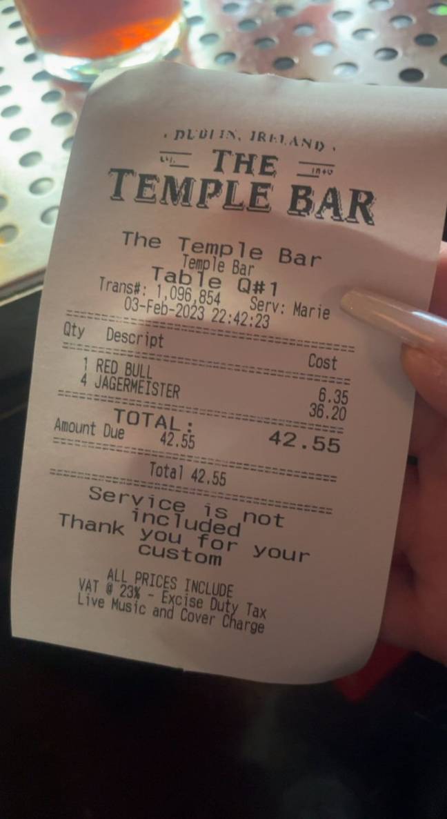 Pub-goers certainly cannot believe that Dublin's Temple Bar pub is charging over the odds for age-old concoction of Red Bull and Jagermeister. Credit: Twitter/@emilybastow_