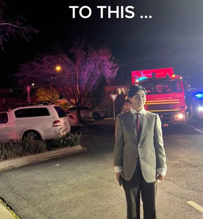 Emergency services were recorded attending the scene of the crash, with the woman dressed as Mr Bean right outside posing with them. Credit: @tatmoraavski/TikTok