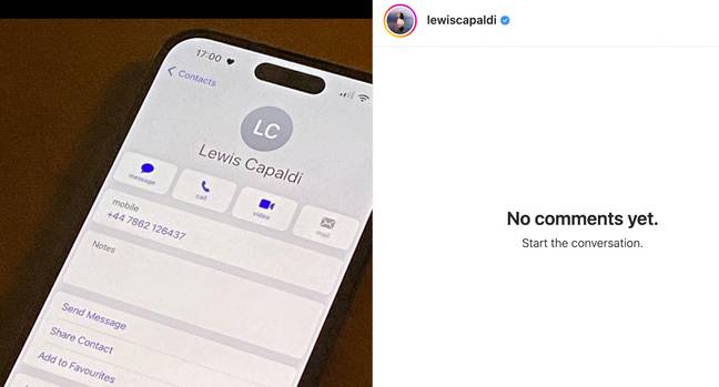 Capaldi shared his contact details on Instagram. Credit: @lewiscapaldi/Instagram