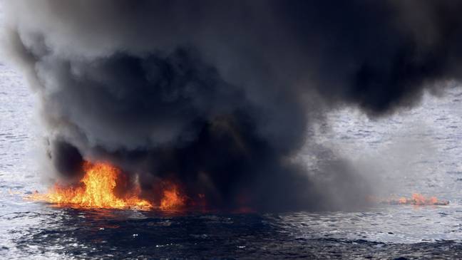 Dramatic images show the vessel ablaze. Credit: MOD