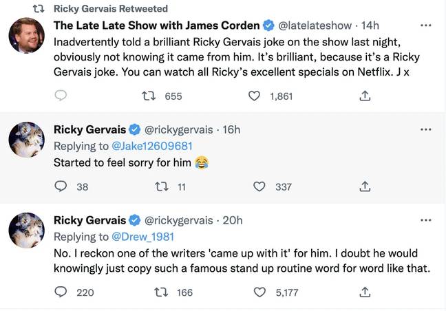 Gervais deleted his initial response because he felt 'sorry' for Corden. Credit: @rickygervais/Twitter