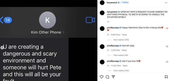 Kanye West has revealed private text messages from Kim Kardashian asking him to stop posting about Pete Davidson on social media (Instagram Kanye West).