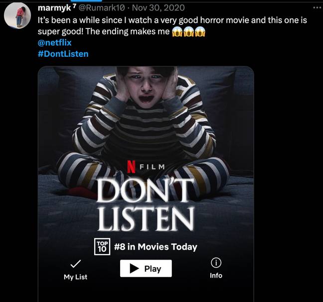 The horror was in Netflix's top ten movies when it first came onto the streaming service in 2020. Credit: Twitter/ @Rumark10