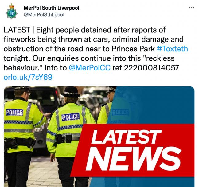 Eight people were detained in Liverpool on Bonfire Night. Credit: @MerPolSthLpool/Twitter