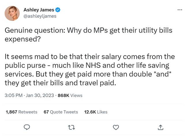 Ashley James wondered why MPs got to put their utility bills on expenses. Credit: Twitter/@ashleyljames