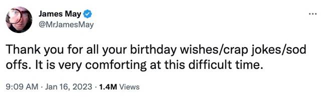 The Grand Tour presenter thanked fans for his birthday messages. Credit: Twitter