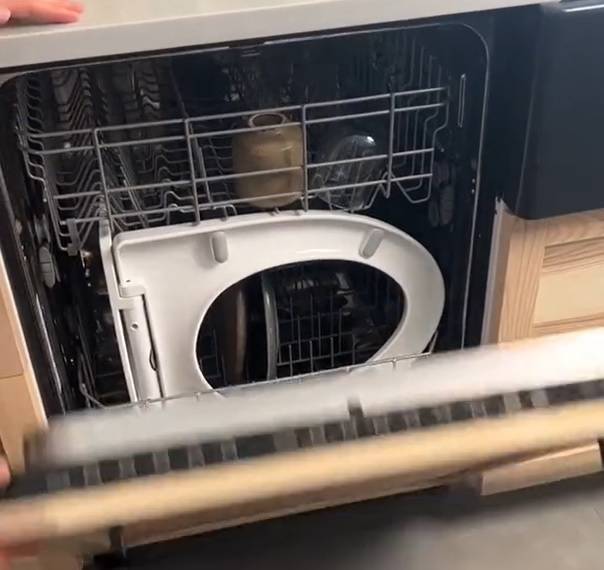 Luckily the TikTokers didn't actually switch the dishwasher on, they only put their toilet seat in there as a joke. Credit: TikTok/@alisonkoroly